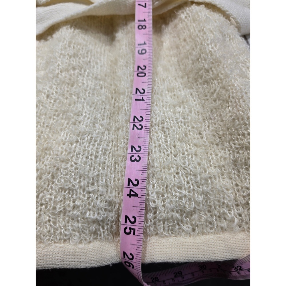 Sakri Vintage Cream Boucle Knit Cardigan Real? Faux Fur Collar Belted Sweater M - Picture 6 of 8